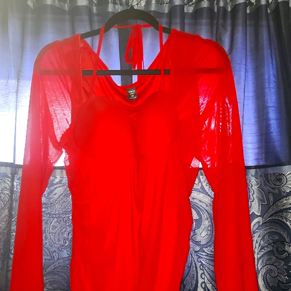 SHEIN Red Sheer Bodysuit Top